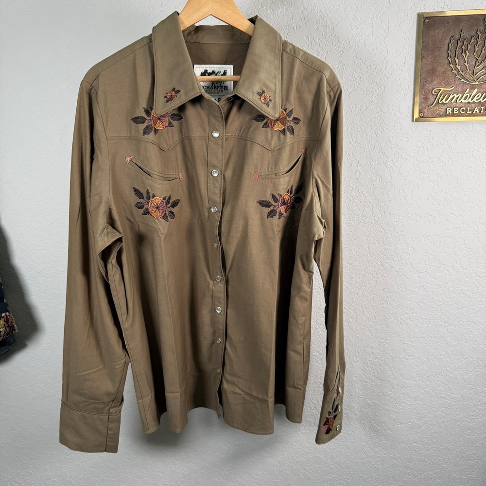 Schaefer Outfitter Women XXL Western Shirt Floral Embroidered‎ Pearl Snap Khaki